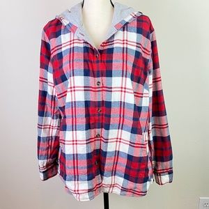 Eddie Bauer Red Plaid Hooded Flannel Shirt